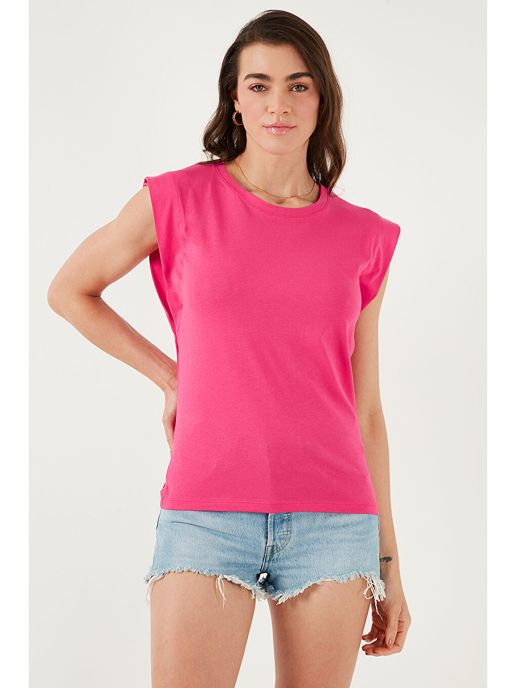 Fuşya % 100 Pamuklu Bisiklet Yaka Kolsuz Kadın T Shirt 5864019-4
