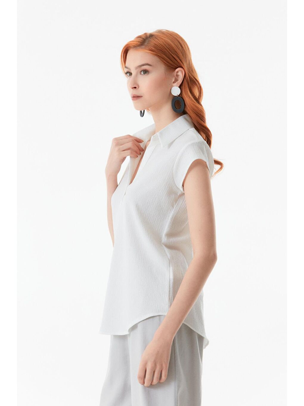 Ekru Basic Bürümcük Kumaş Gömlek Yaka Bluz-1