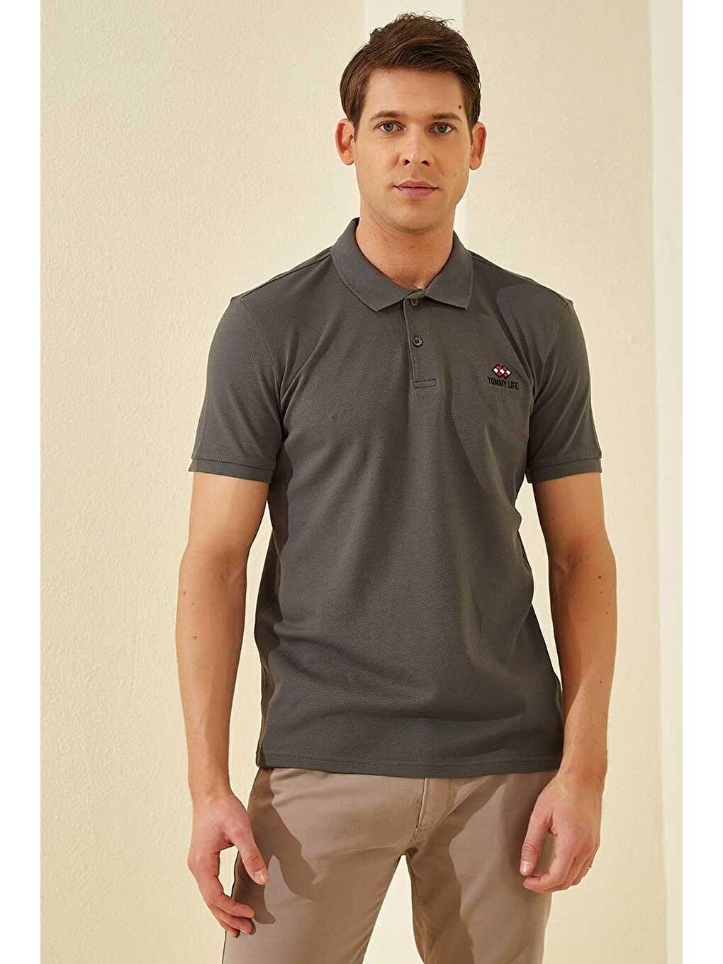 TOMMYLIFE Koyu Gri Basic Logolu Standart Kalıp Triko Polo Yaka Erkek T-Shirt - 87748 - 3