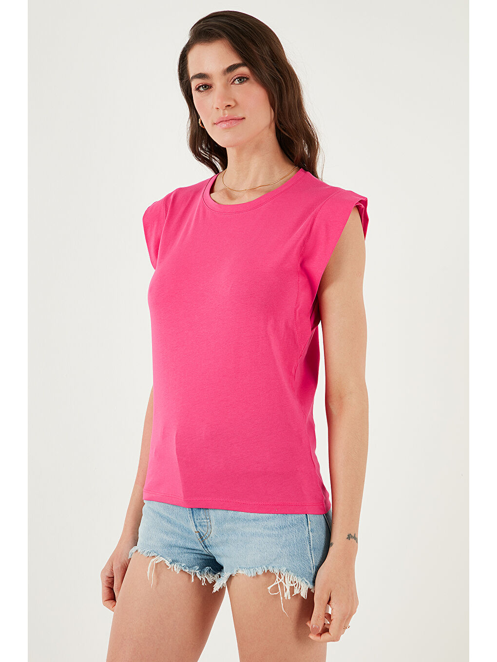 Fuşya % 100 Pamuklu Bisiklet Yaka Kolsuz Kadın T Shirt 5864019-5