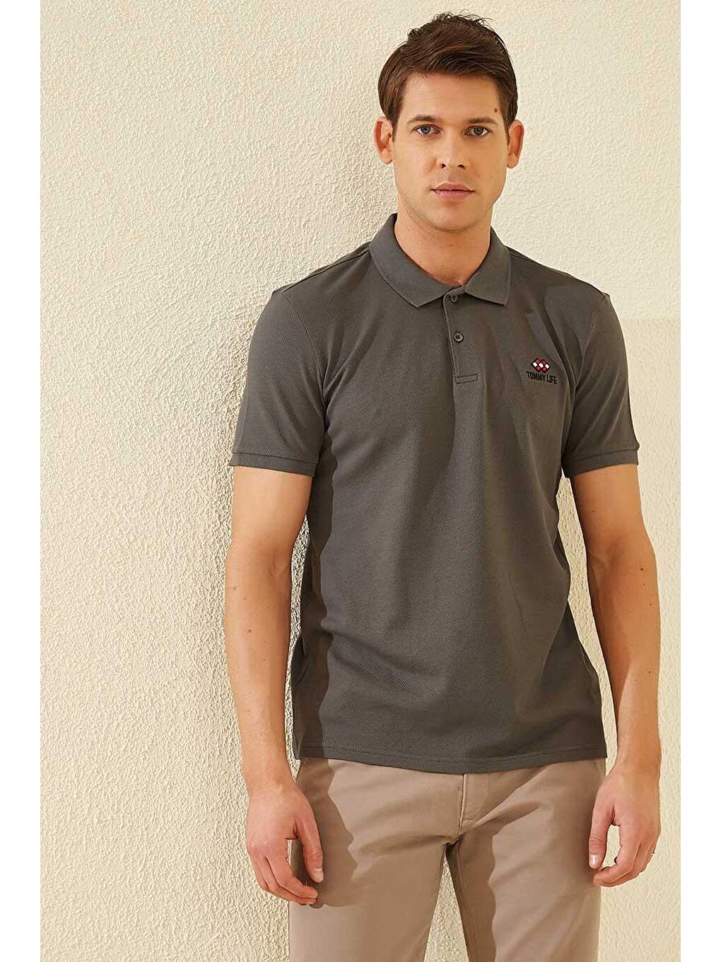 TOMMYLIFE Koyu Gri Basic Logolu Standart Kalıp Triko Polo Yaka Erkek T-Shirt - 87748 - 4