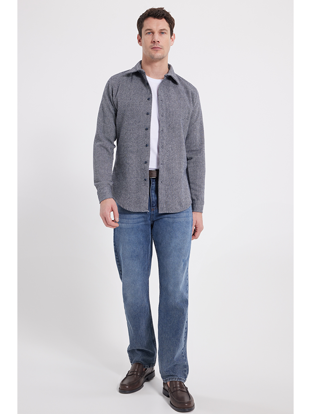 Erkek Slim Fit Dar Kesim Uzun Kollu Düz Kışlık Oduncu Gri Gömlek-1