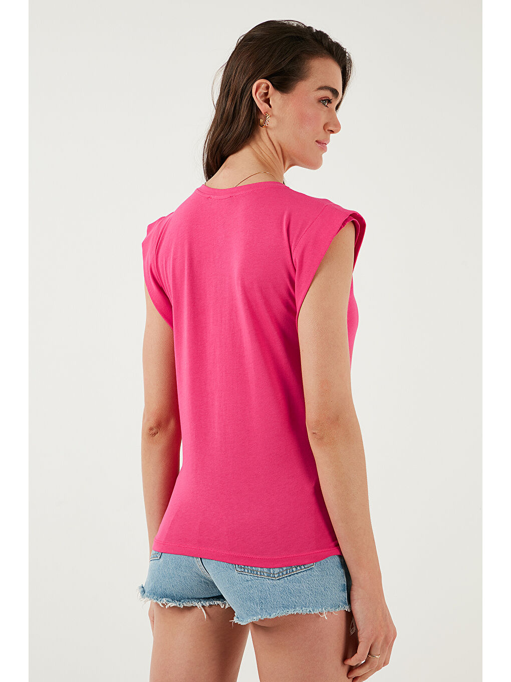 Fuşya % 100 Pamuklu Bisiklet Yaka Kolsuz Kadın T Shirt 5864019-6