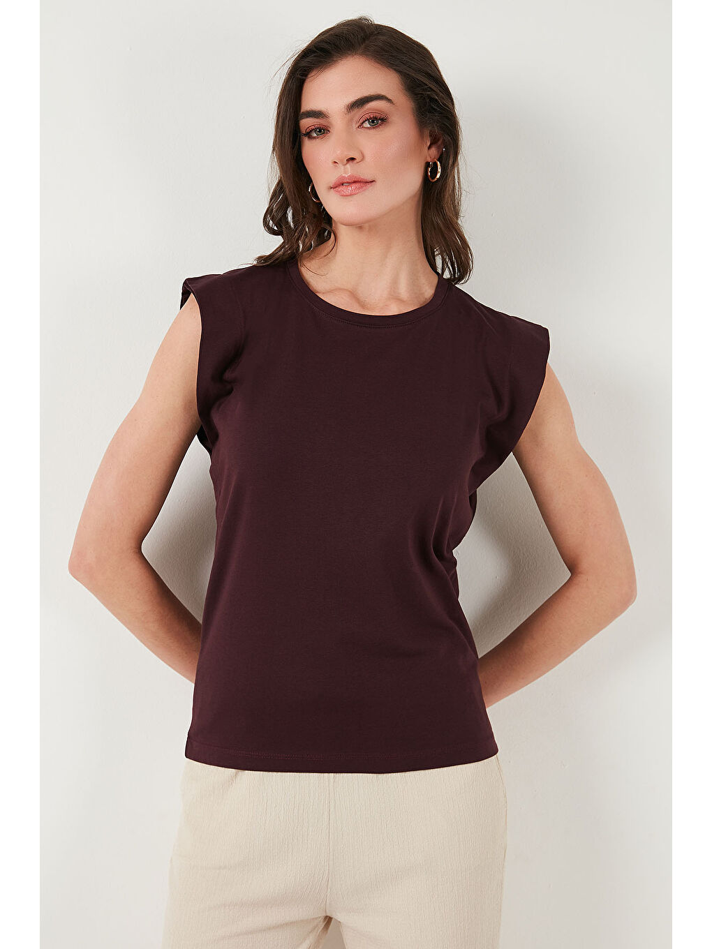 Kırmızı % 100 Pamuklu Bisiklet Yaka Kolsuz Kadın T Shirt 5864019-4