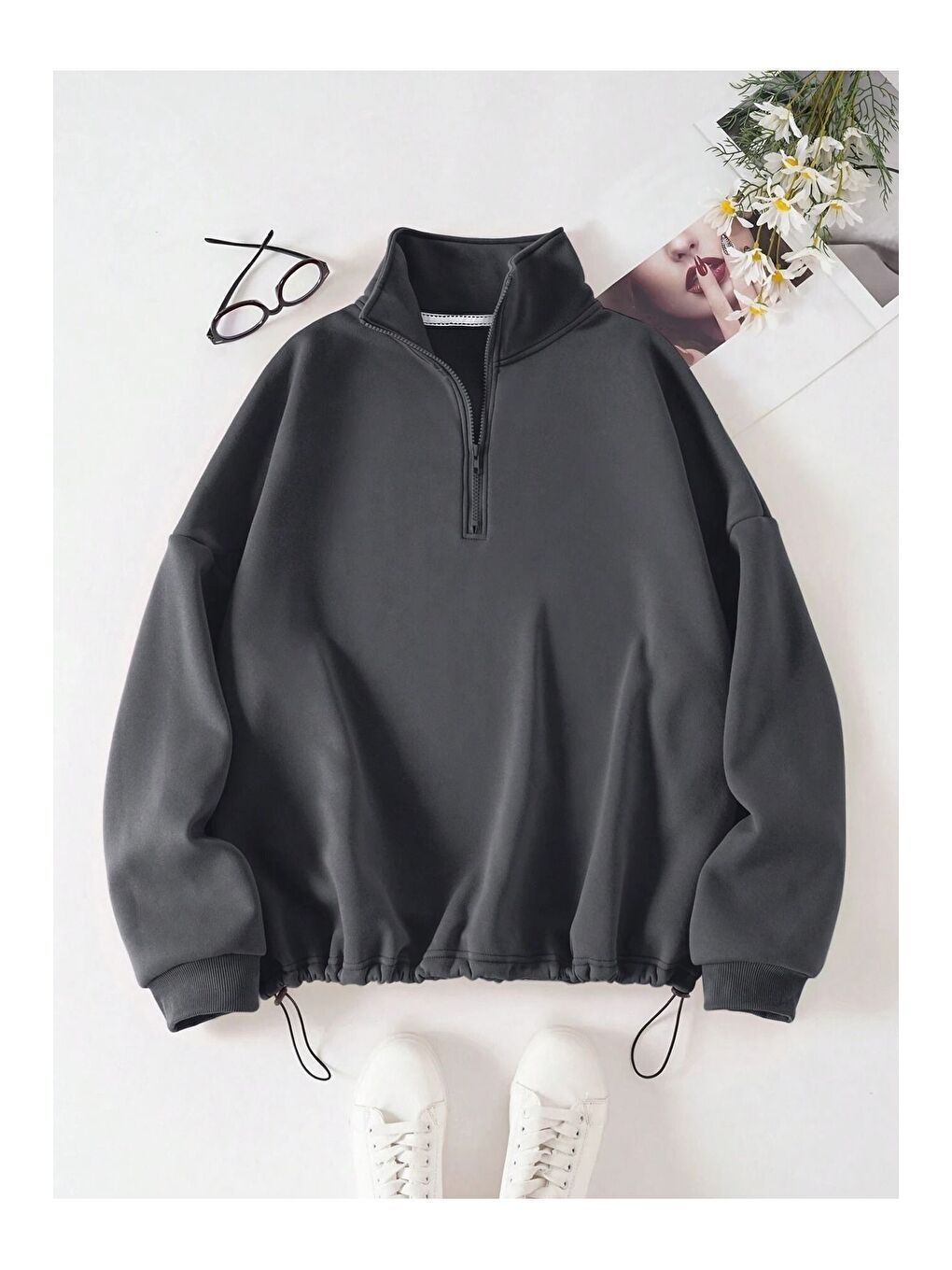 Trendseninle Gri Kadın 3 İplik Füme Fermuarlı Dik Yaka Altı Starstoplu Lastikli Model Oversize Sweatshirt