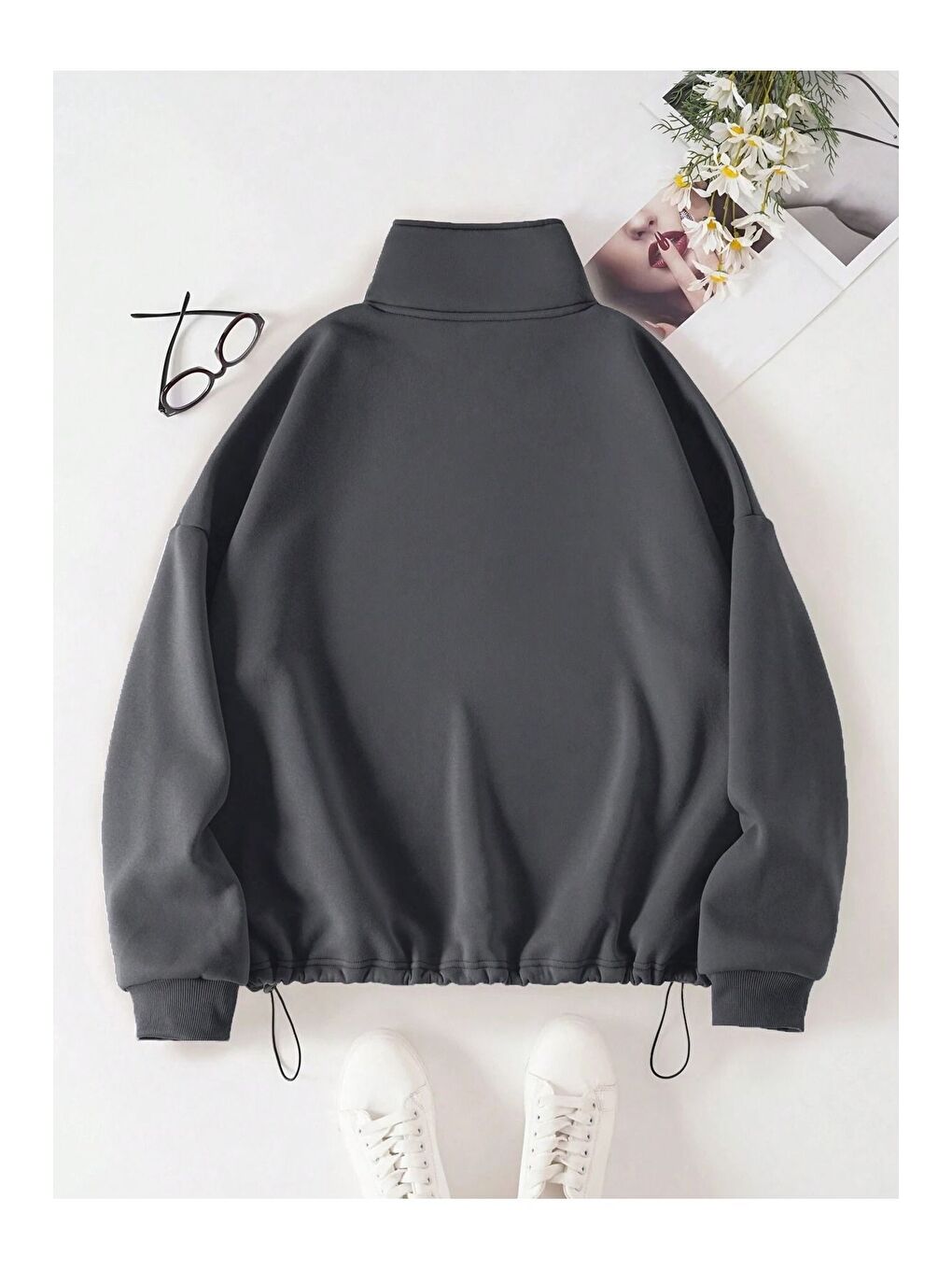 Trendseninle Gri Kadın 3 İplik Füme Fermuarlı Dik Yaka Altı Starstoplu Lastikli Model Oversize Sweatshirt - 1