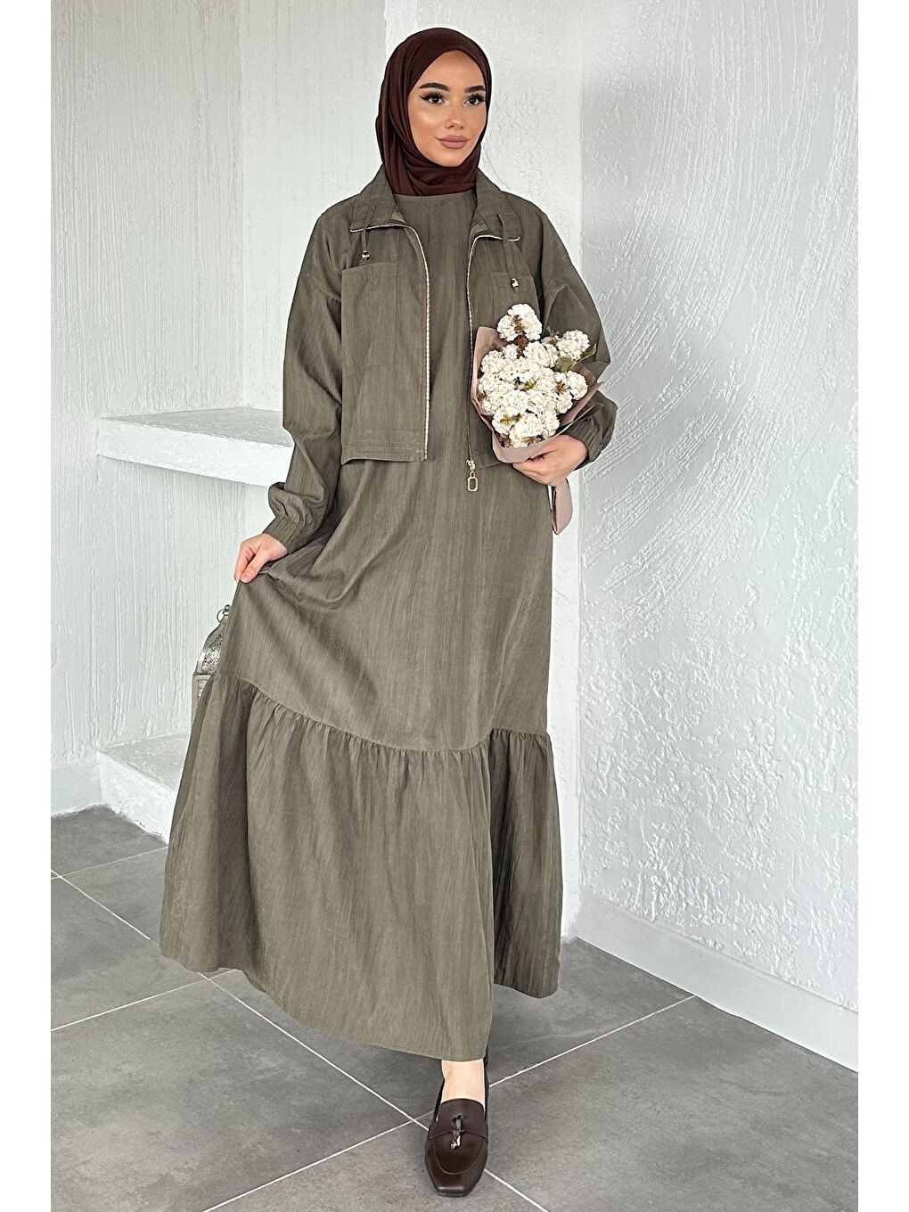 Haki Gülseli Kadın Kolsuz Elbise Ceket Tesettür İkili Takım-1