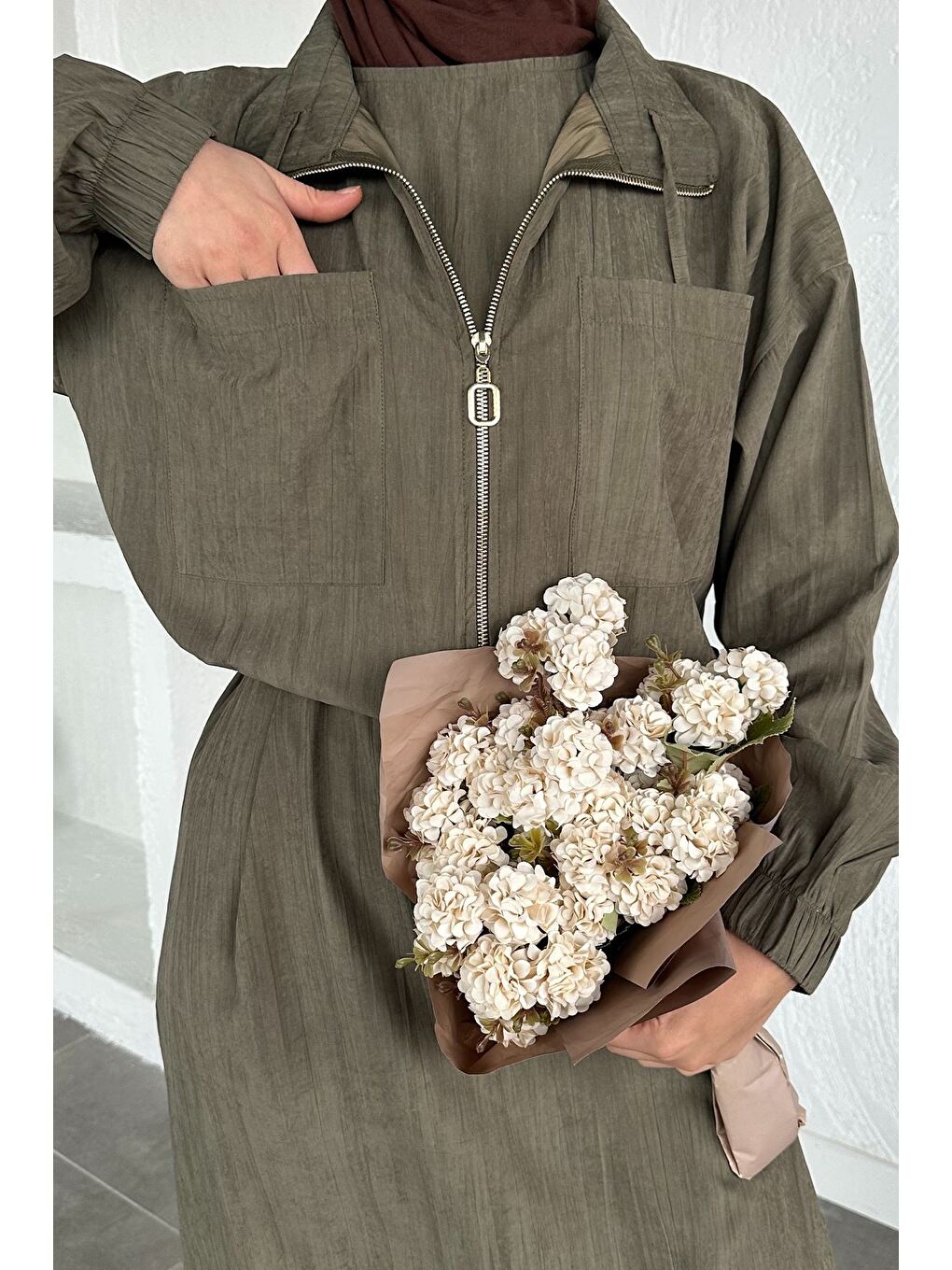 Haki Gülseli Kadın Kolsuz Elbise Ceket Tesettür İkili Takım-2