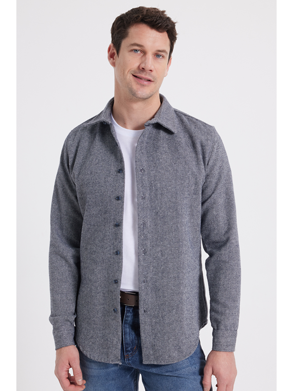 Erkek Slim Fit Dar Kesim Uzun Kollu Düz Kışlık Oduncu Gri Gömlek-6