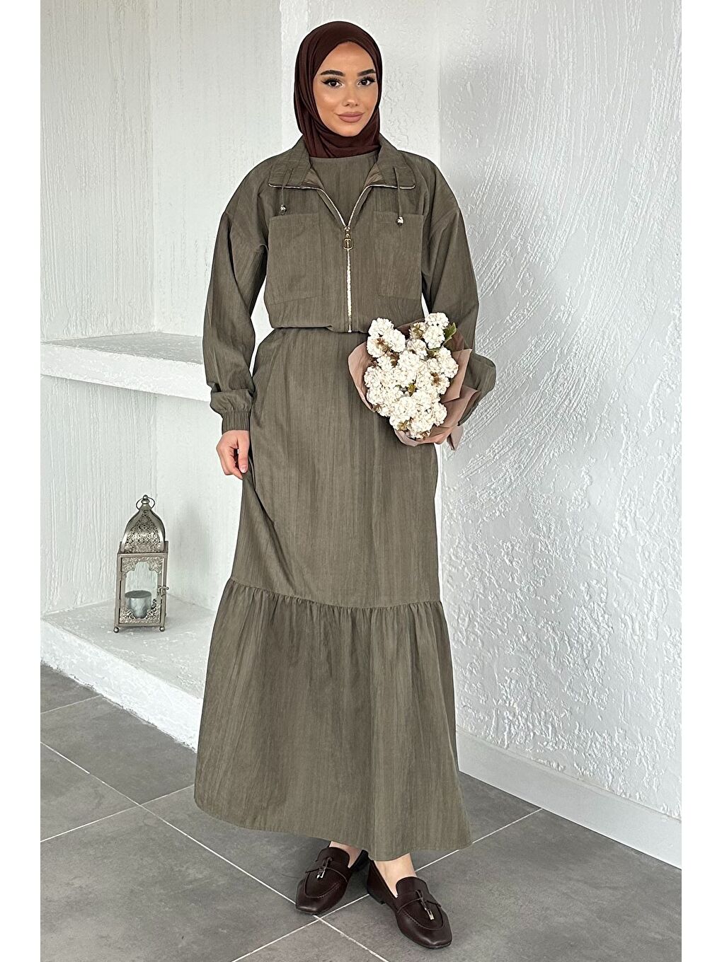 Haki Gülseli Kadın Kolsuz Elbise Ceket Tesettür İkili Takım-5