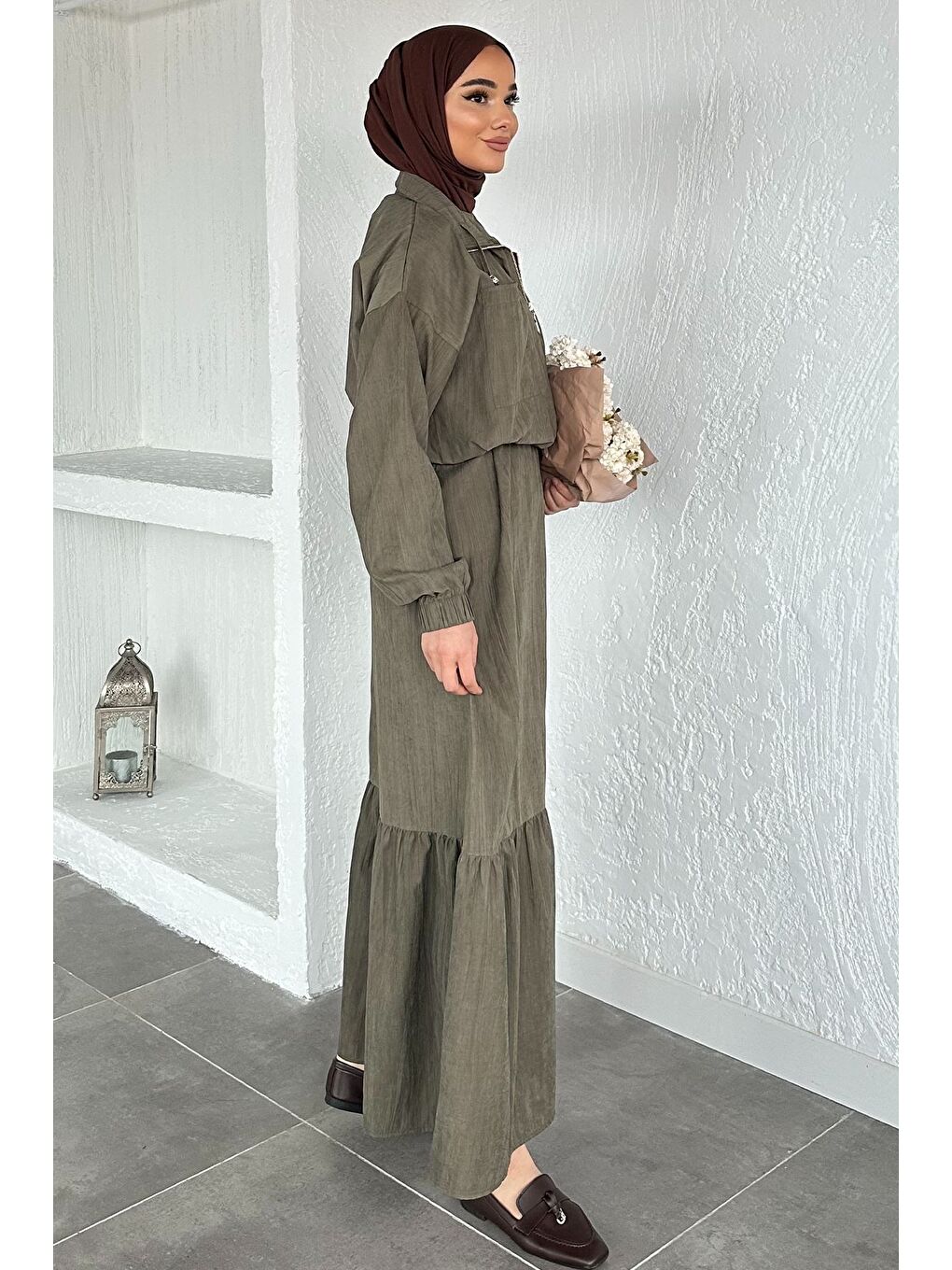 Haki Gülseli Kadın Kolsuz Elbise Ceket Tesettür İkili Takım-8
