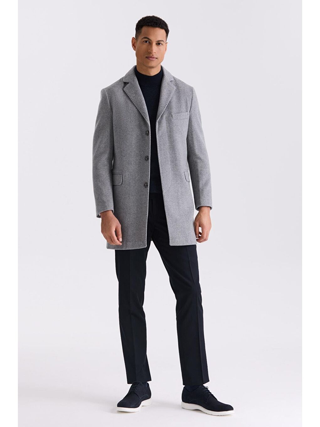 Gri Regular Fit Mono Yaka Yünlü Kaşe Kaban-1