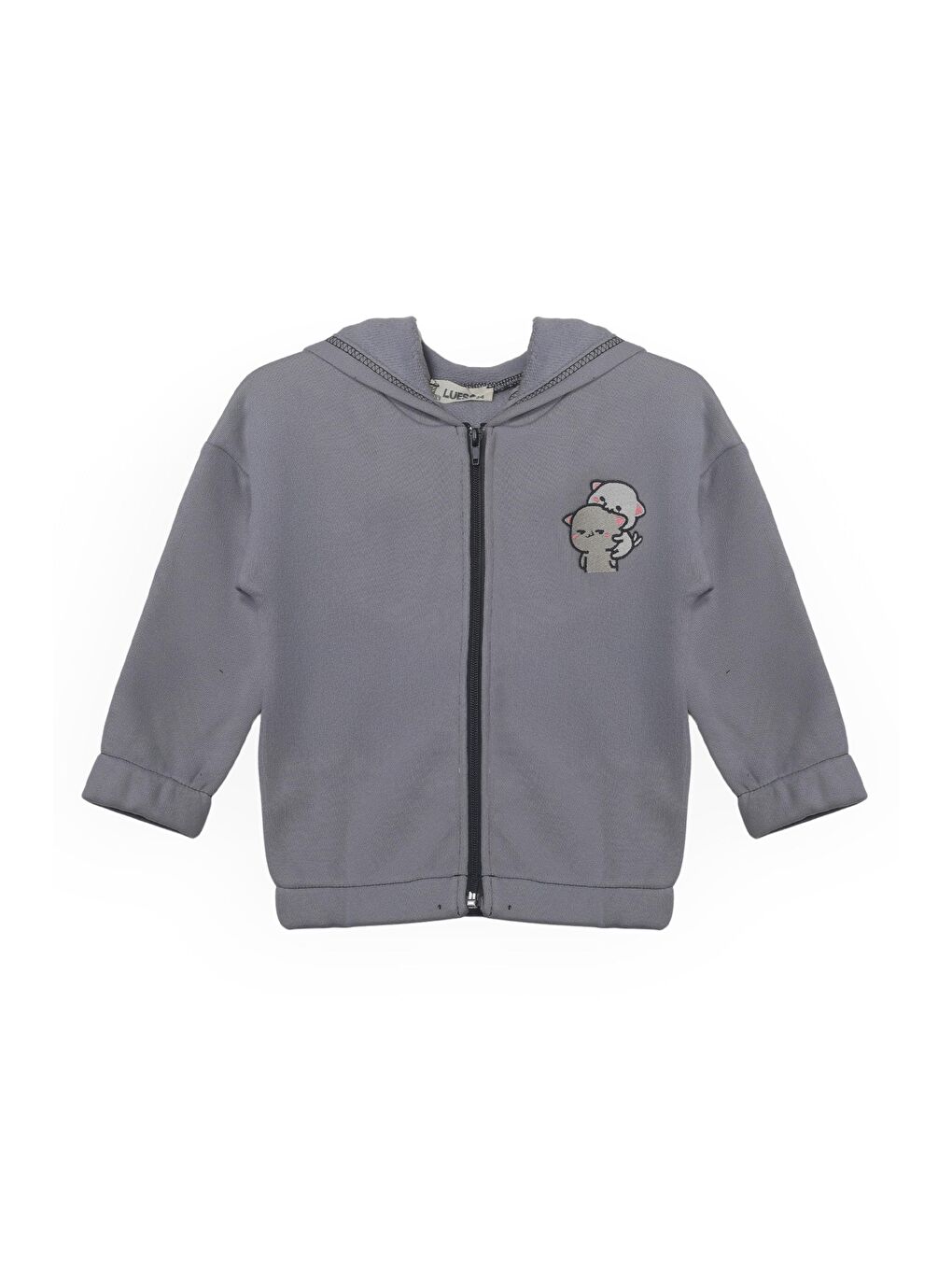 Unisex Çocuk %100 Pamuklu Kedi Nakışlı Kışlık Hırka  -Gri(3-4 yaş 8-9 Yaş)