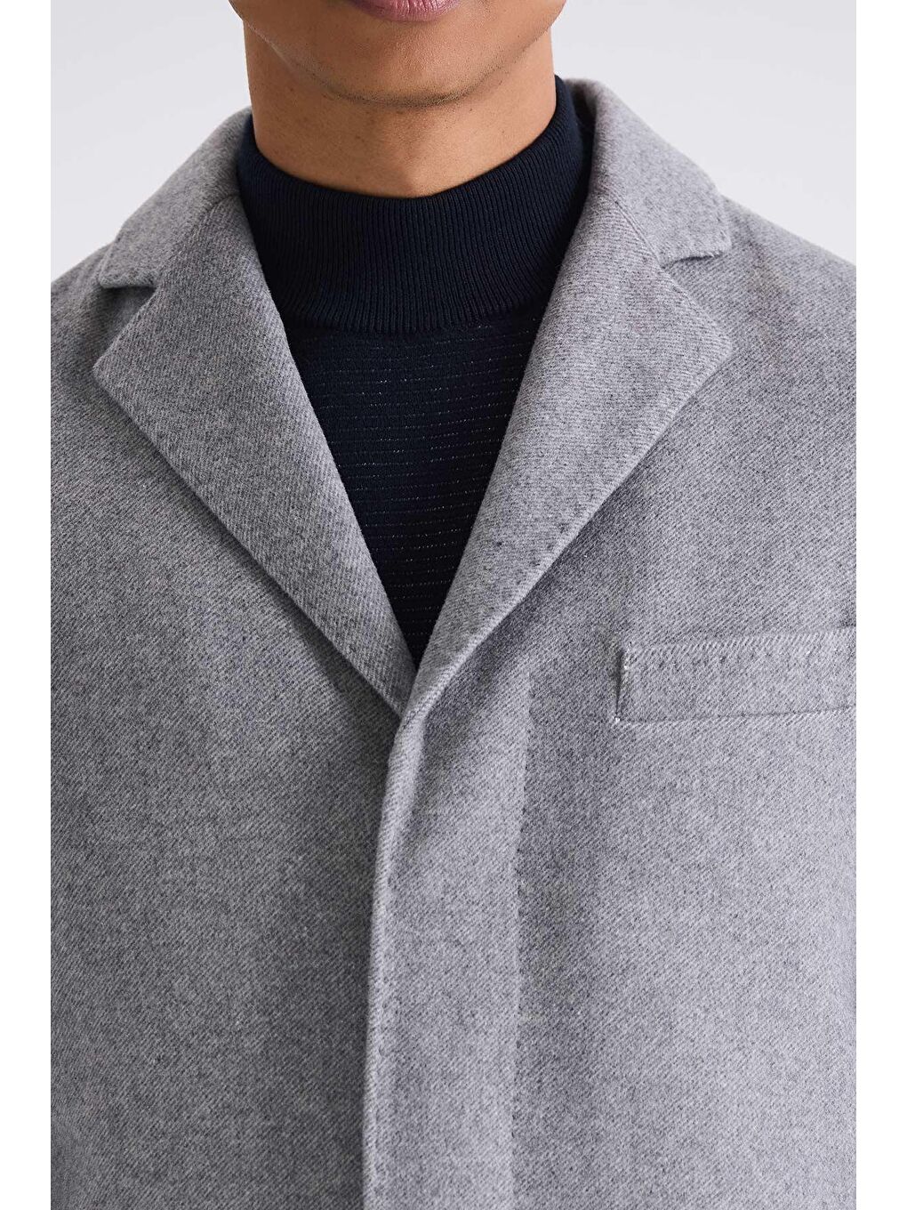 Gri Regular Fit Mono Yaka Yünlü Kaşe Kaban-2