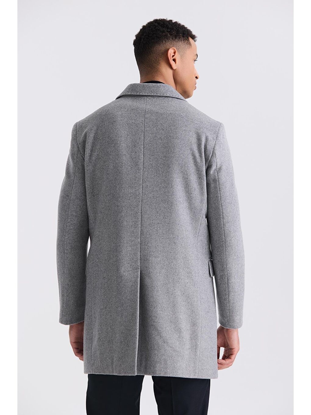 Gri Regular Fit Mono Yaka Yünlü Kaşe Kaban-3