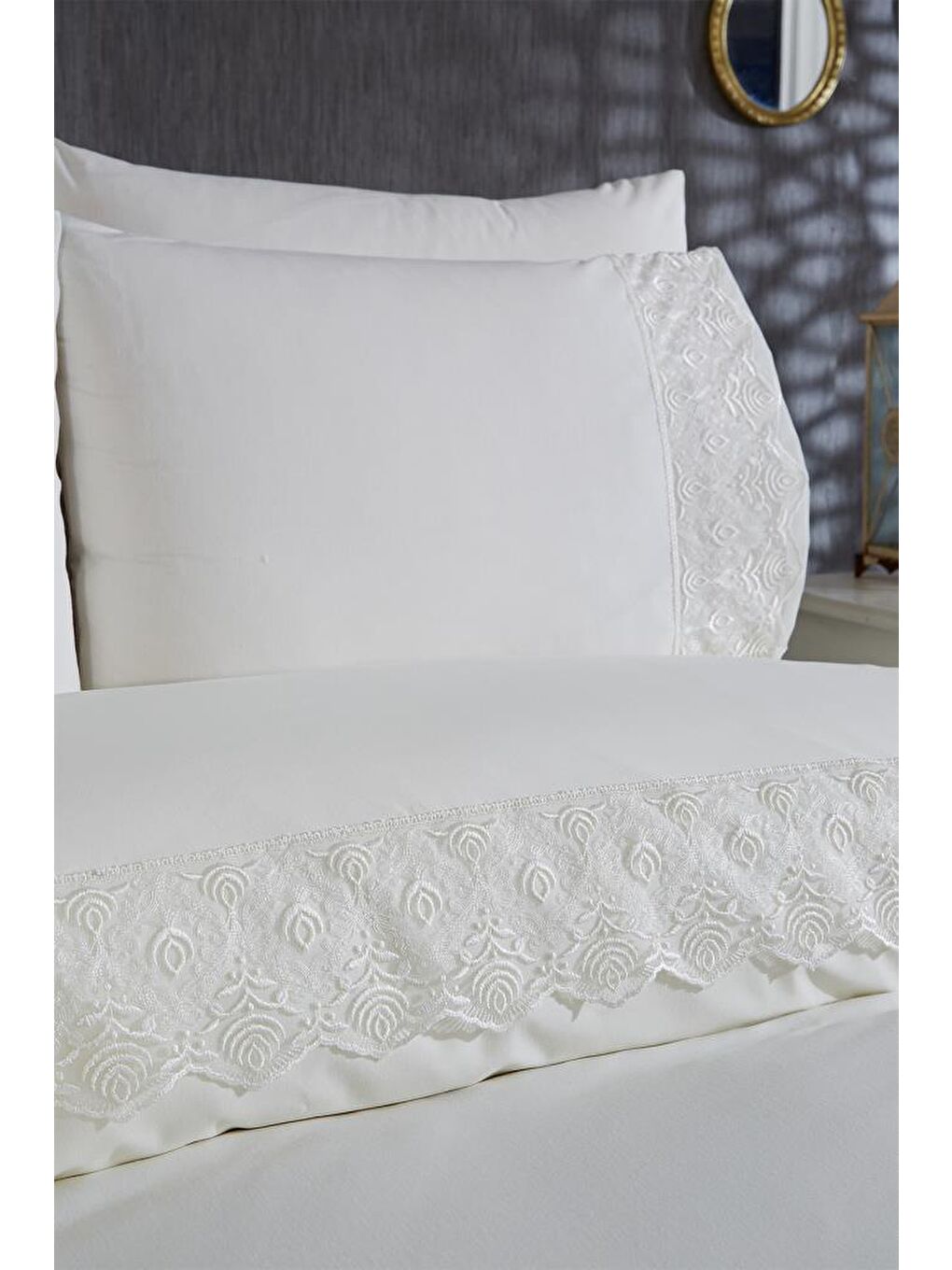 Ekru Fransız Dantelli Mahinur Çeyizlik Nevresim Takımı Krem-6