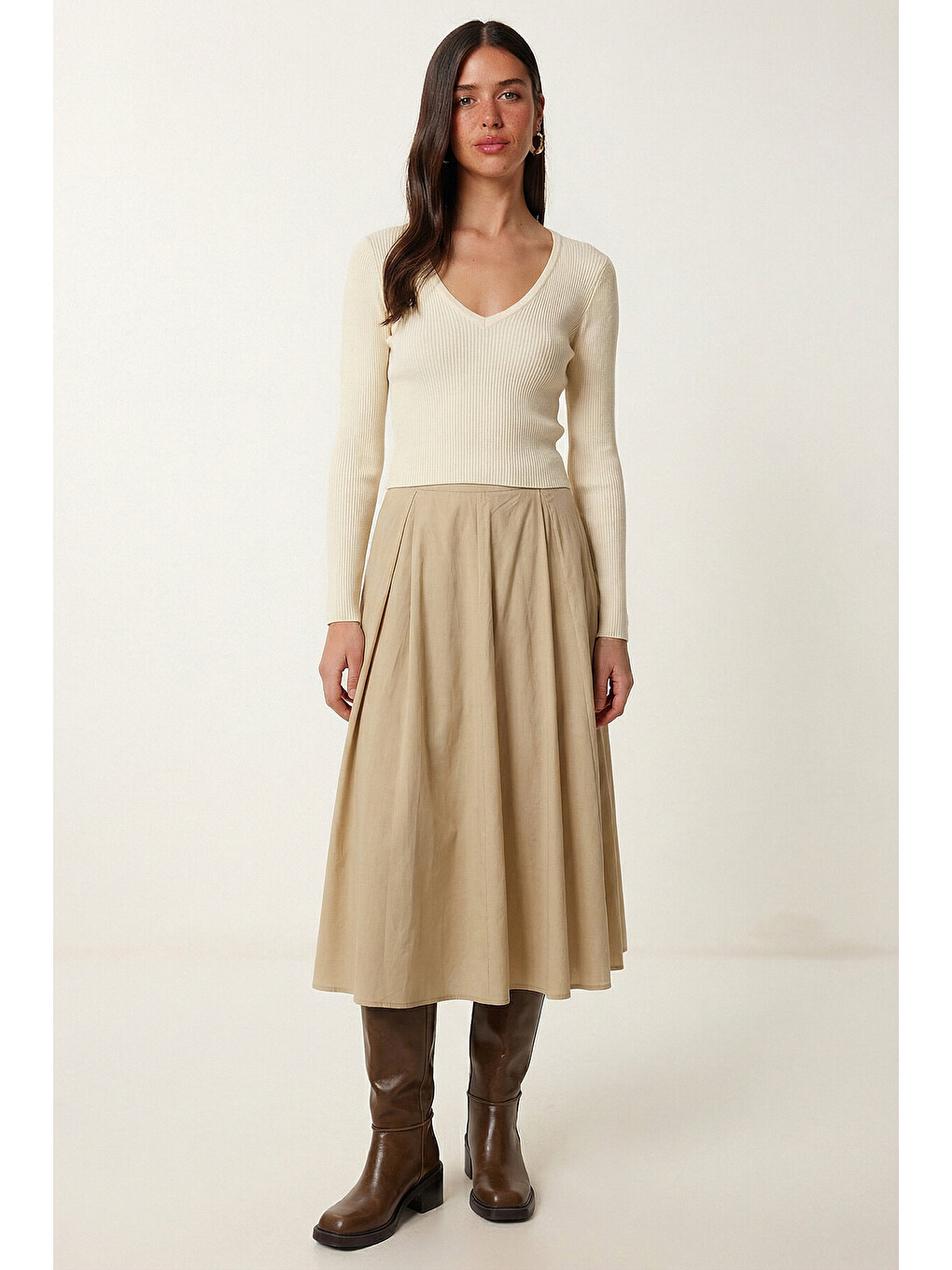 Bej Yazlık Kloş Midi Dokuma Etek BEJ LCR0110-1