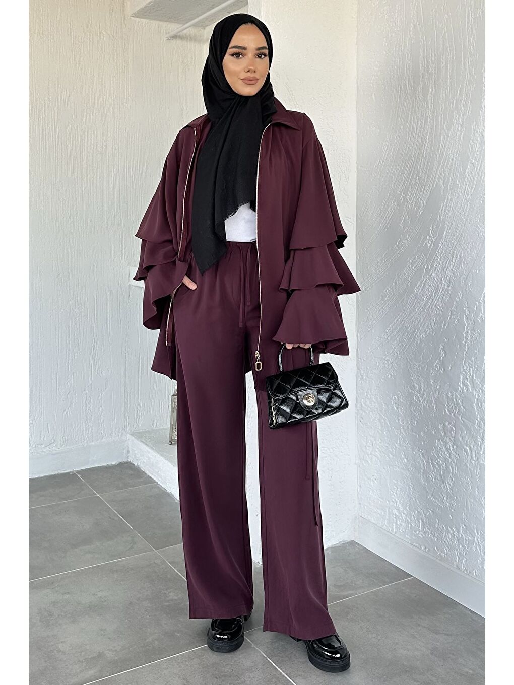 Bordo Gülseli Kol Fırfırlı Tunik Bel Lastikli Pantolon Tesettür İkili Takım-1