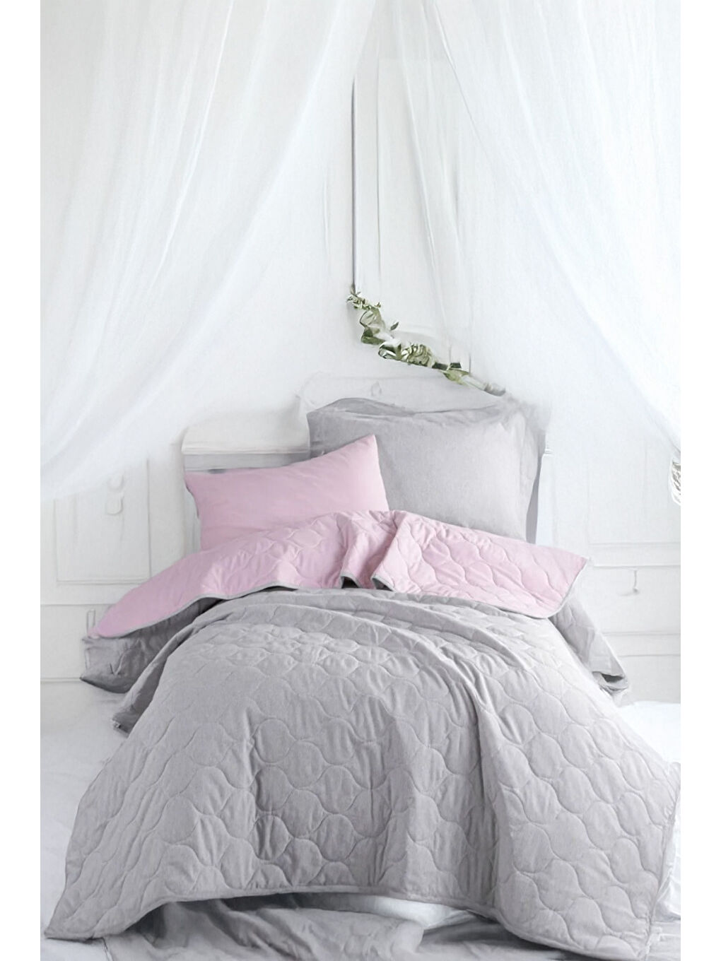 Pembe Kapitone Yatak Örtüsü Seti Tek Kişilik Solid Pudra-Gri