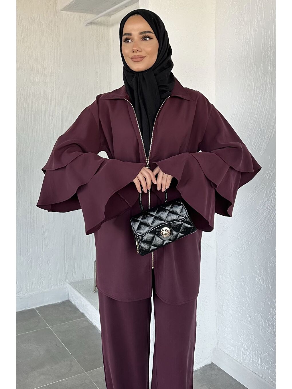 Bordo Gülseli Kol Fırfırlı Tunik Bel Lastikli Pantolon Tesettür İkili Takım-2