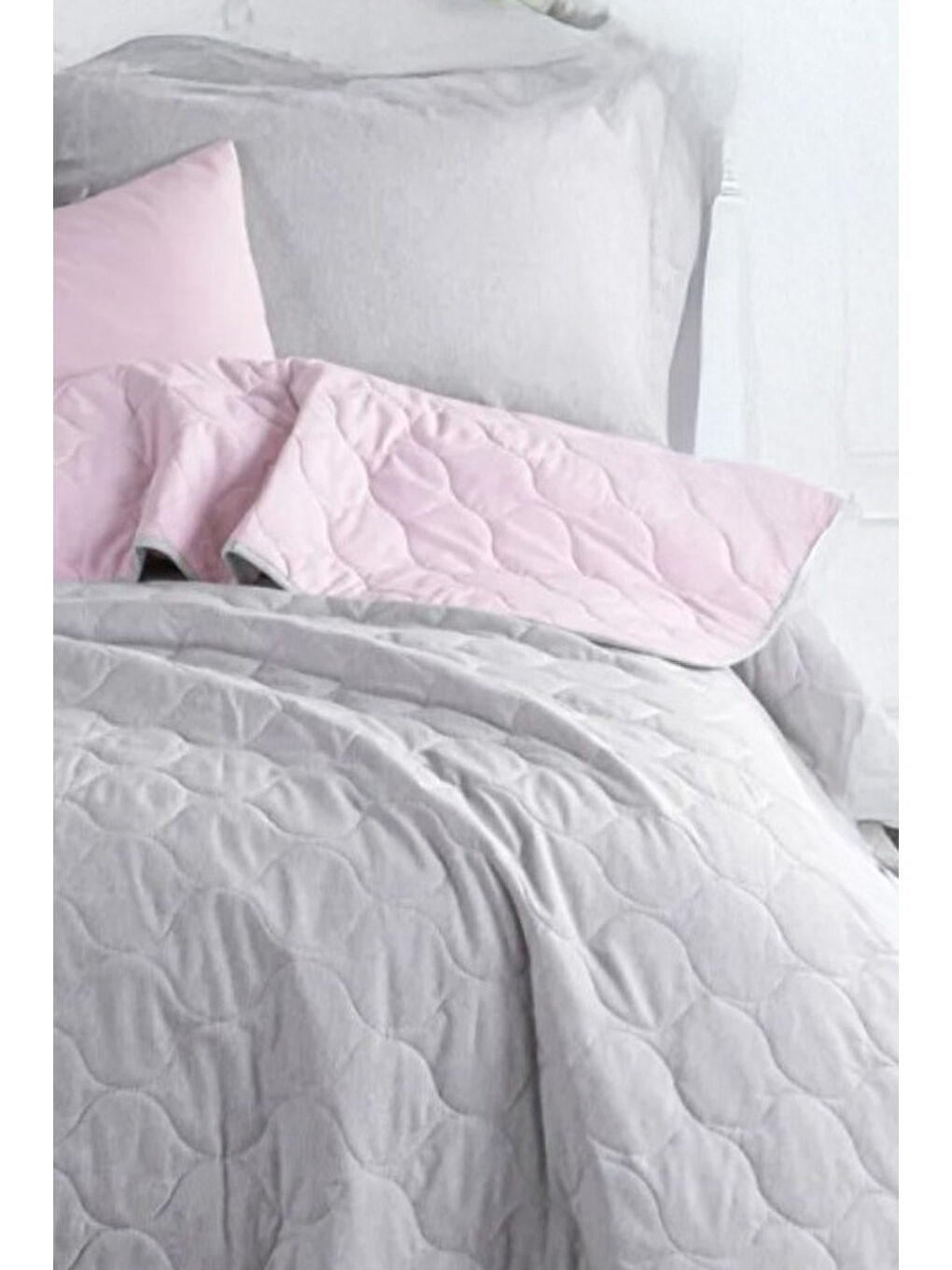 Pembe Kapitone Yatak Örtüsü Seti Tek Kişilik Solid Pudra-Gri-2