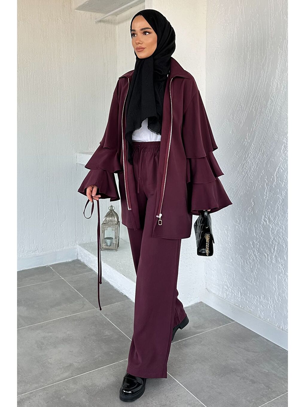 Bordo Gülseli Kol Fırfırlı Tunik Bel Lastikli Pantolon Tesettür İkili Takım-4