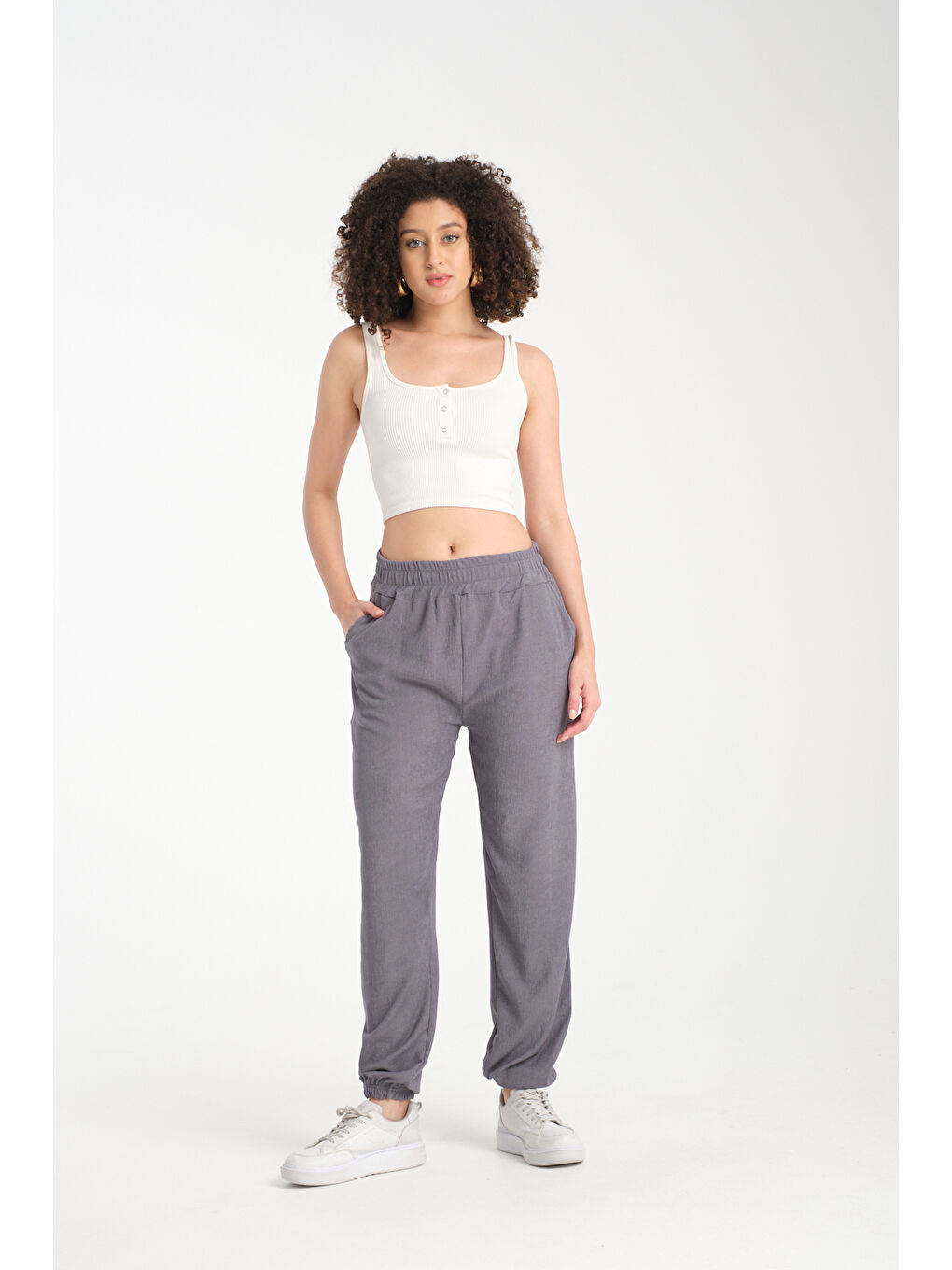 Gri Kadın Bel Ve Paça Lastikli Kadın Pantolon 1022-1
