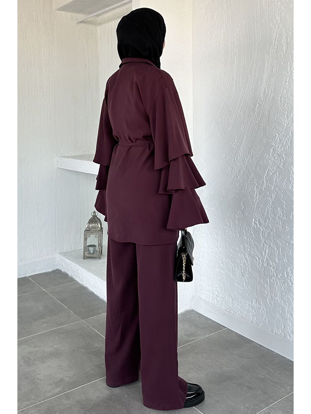 Bordo Gülseli Kol Fırfırlı Tunik Bel Lastikli Pantolon Tesettür İkili Takım-7