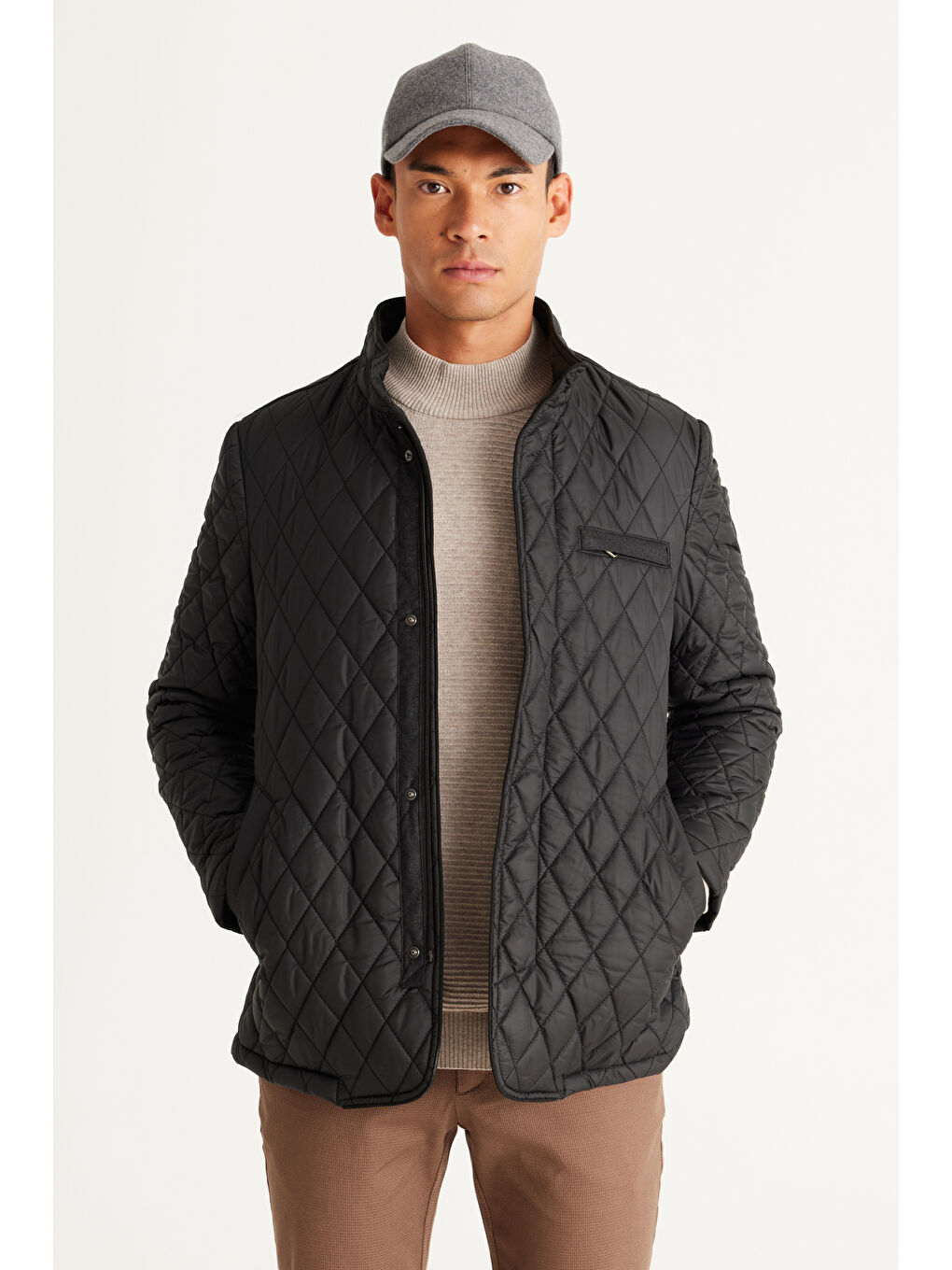 Erkek Siyah Standart Fit Normal Kesim Dik Yaka Kapitone Desenli Overcoat