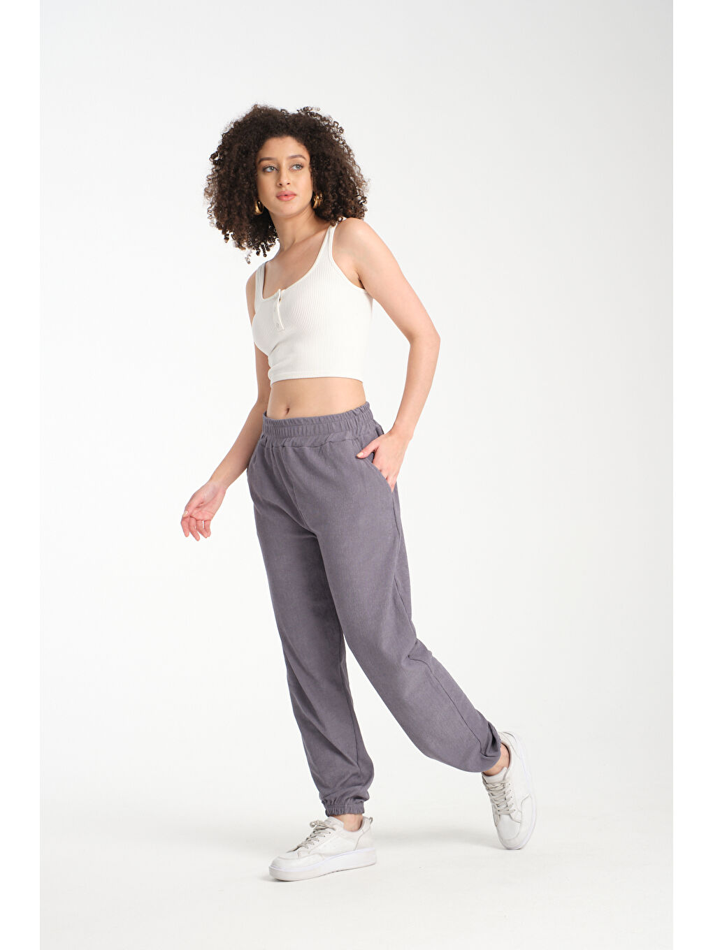 Gri Kadın Bel Ve Paça Lastikli Kadın Pantolon 1022-4