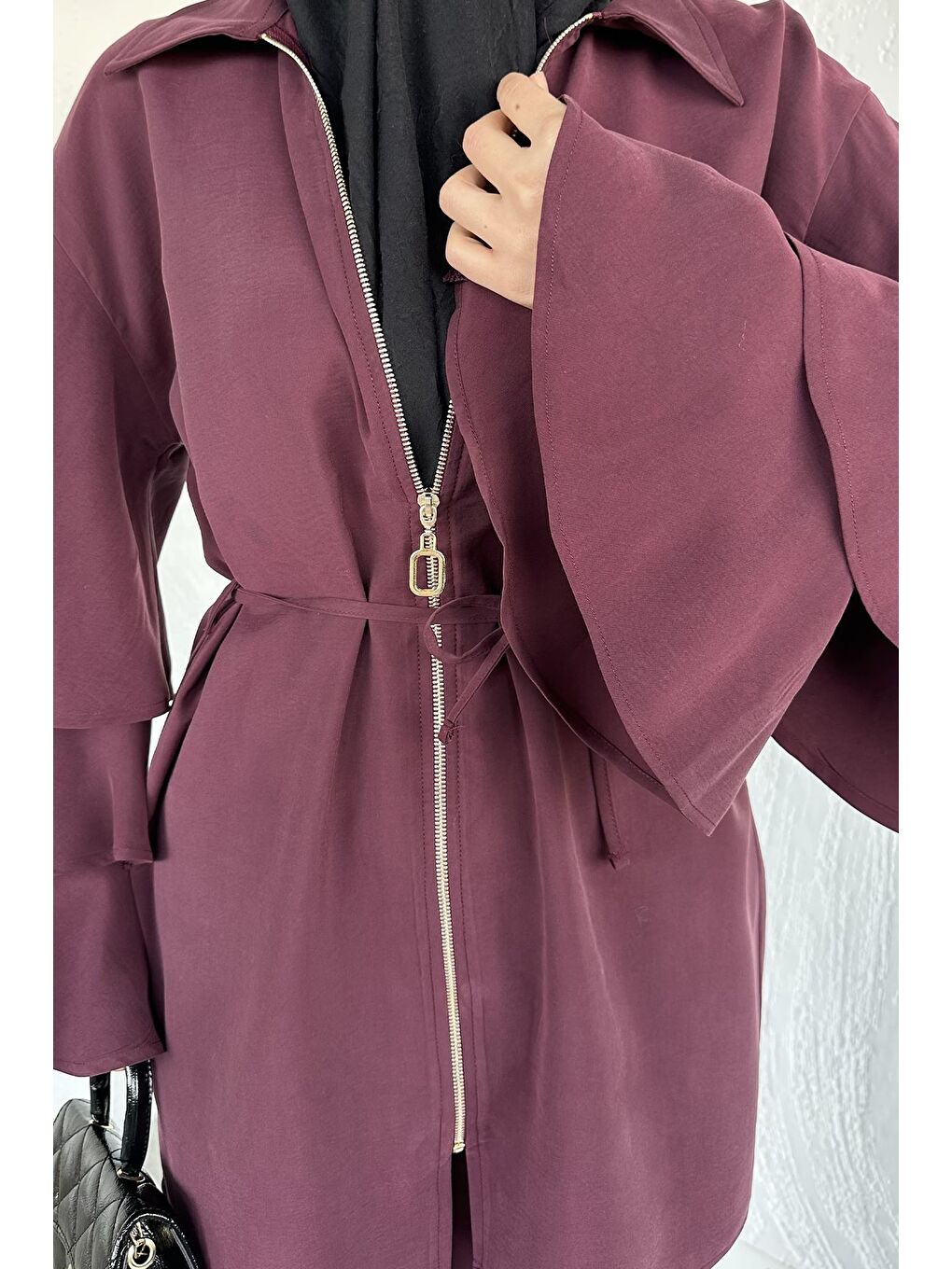 Bordo Gülseli Kol Fırfırlı Tunik Bel Lastikli Pantolon Tesettür İkili Takım-9