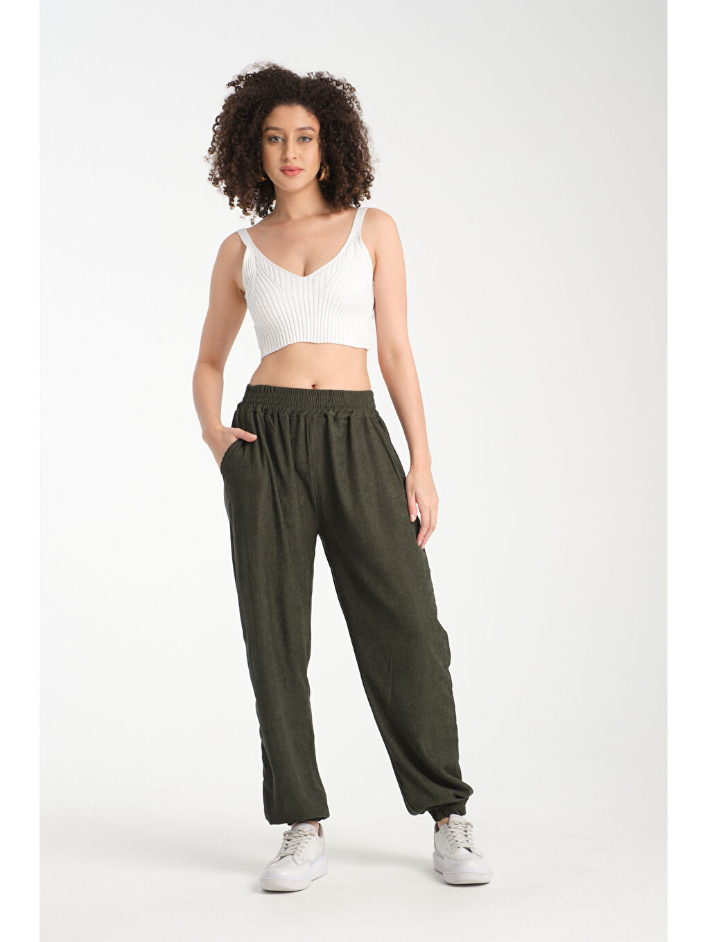Haki Kadın Bel Ve Paça Lastikli Kadın Pantolon 1022-4
