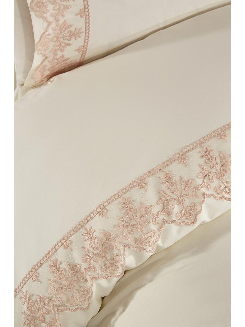 Ekru Fransız Dantelli Sara Çeyizlik Nevresim Takımı Krem Cappucino-1