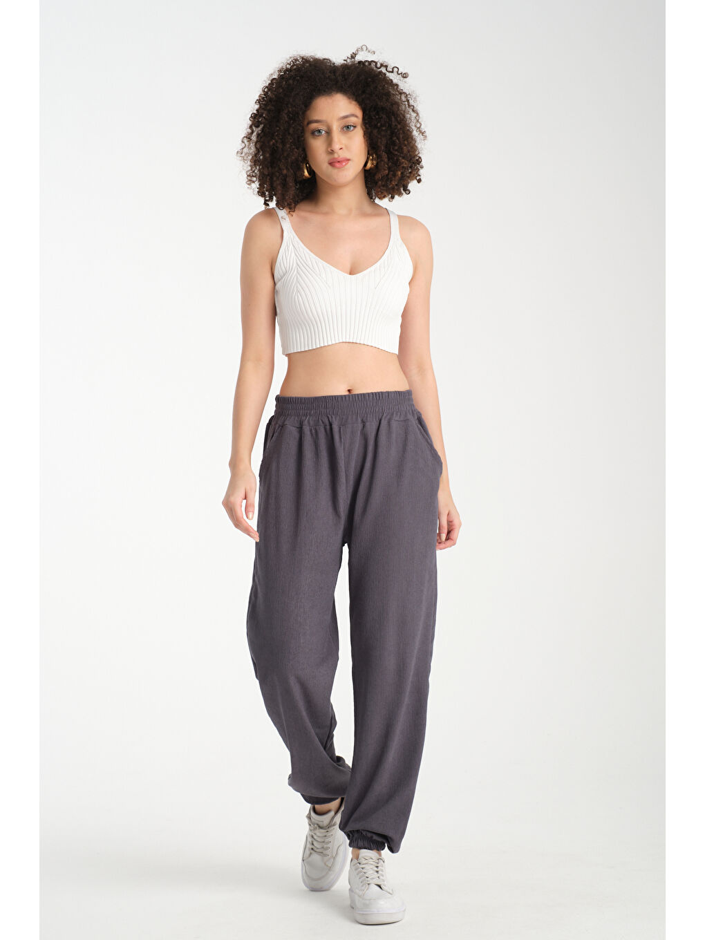 Antrasit Kadın Bel Ve Paça Lastikli Kadın Pantolon 1022-1