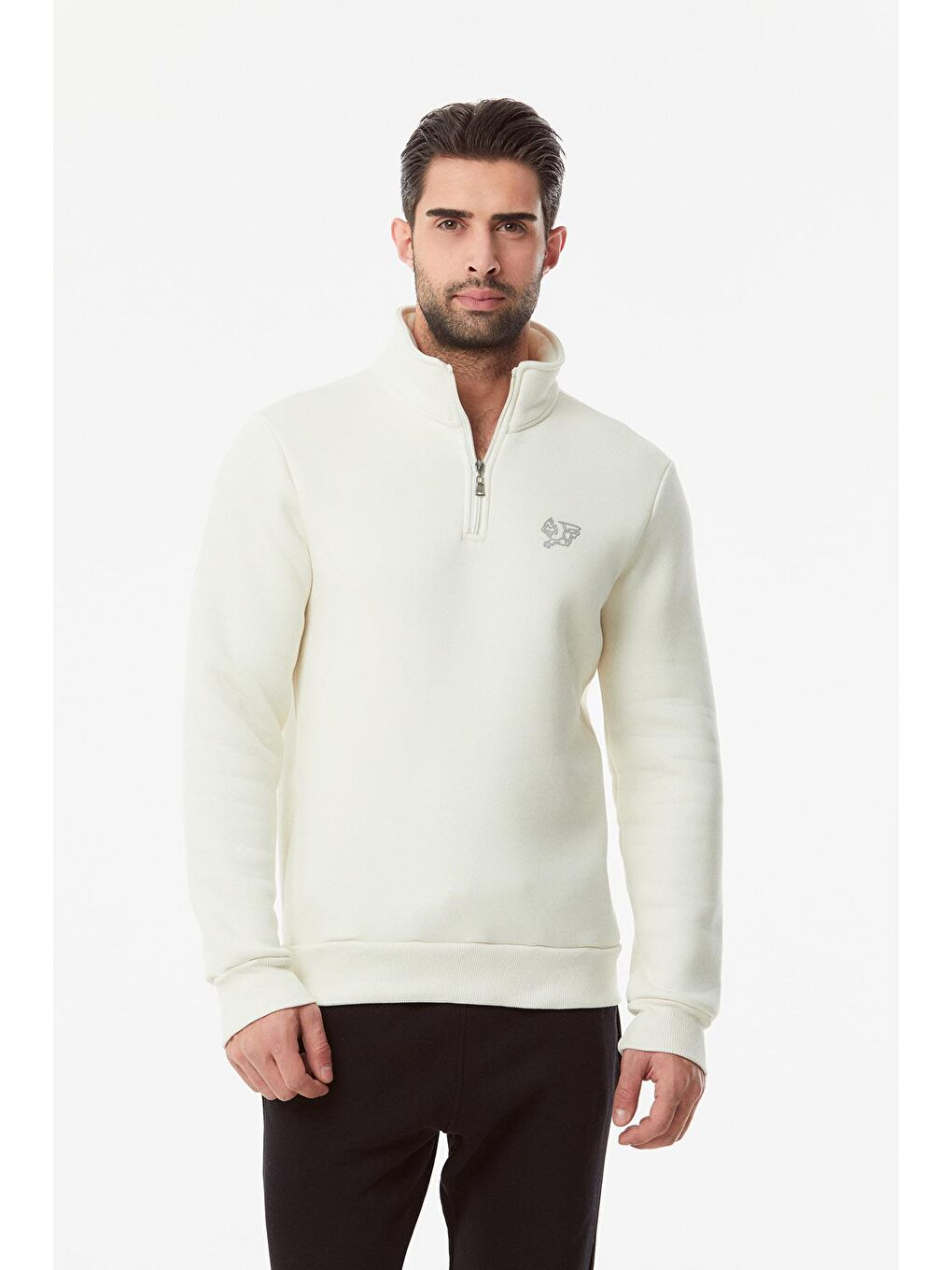 Ekru Baskılı Dik Yaka Erkek Fermuarlı Sweatshirt Hırka
