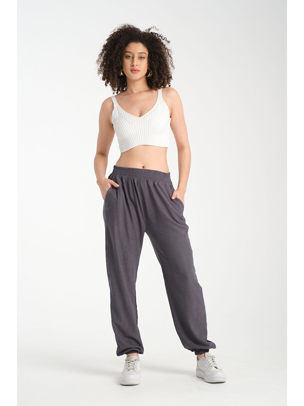 Antrasit Kadın Bel Ve Paça Lastikli Kadın Pantolon 1022-4