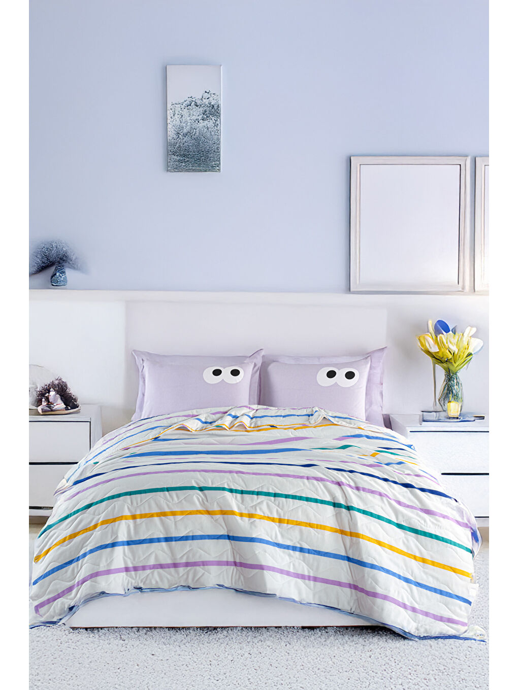 Kapitone Yatak Örtüsü Seti Çift Kişilik Funny Lila