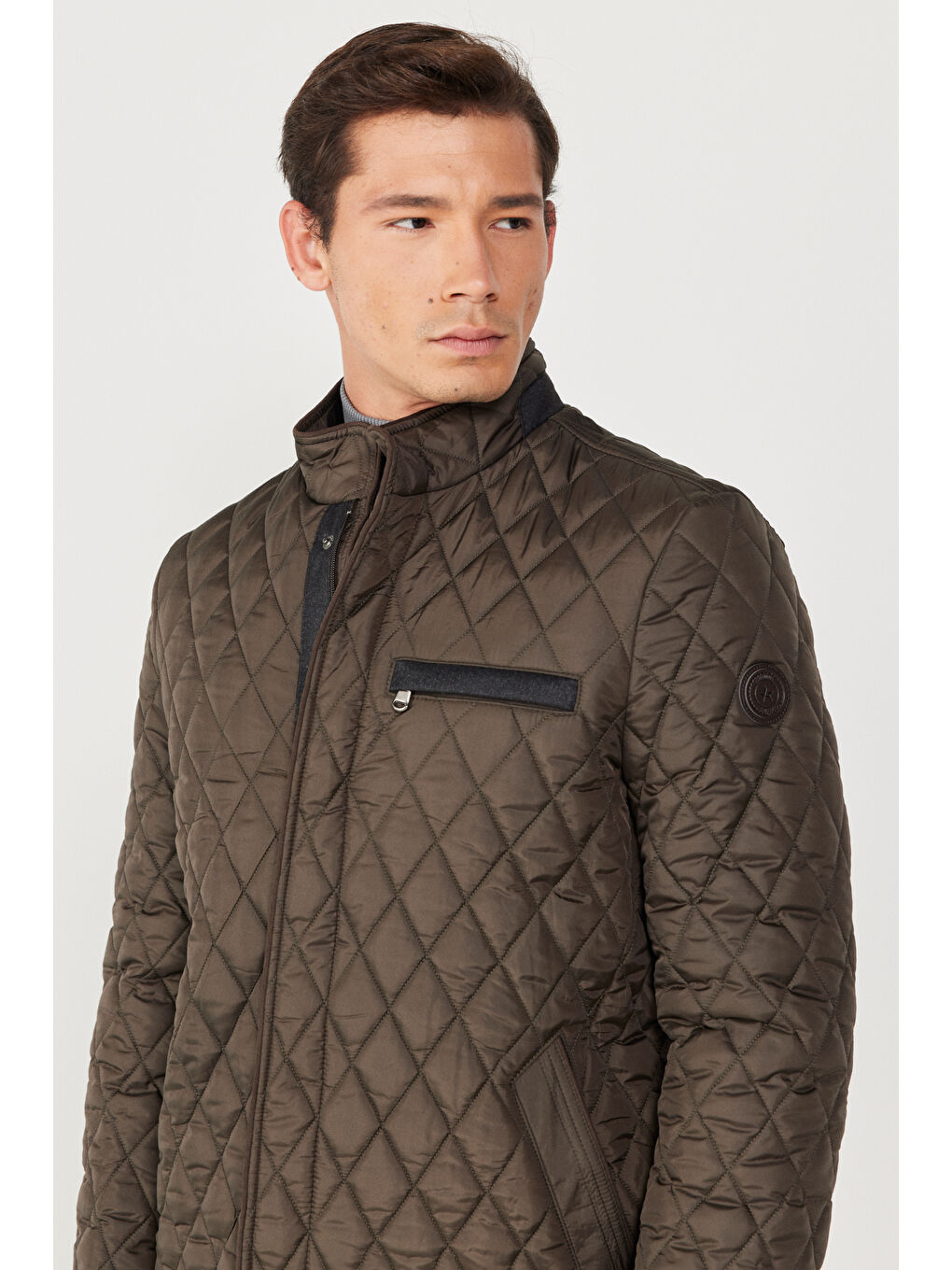 Erkek Haki Standart Fit Normal Kesim Dik Yaka Kapitone Desenli Overcoat-3