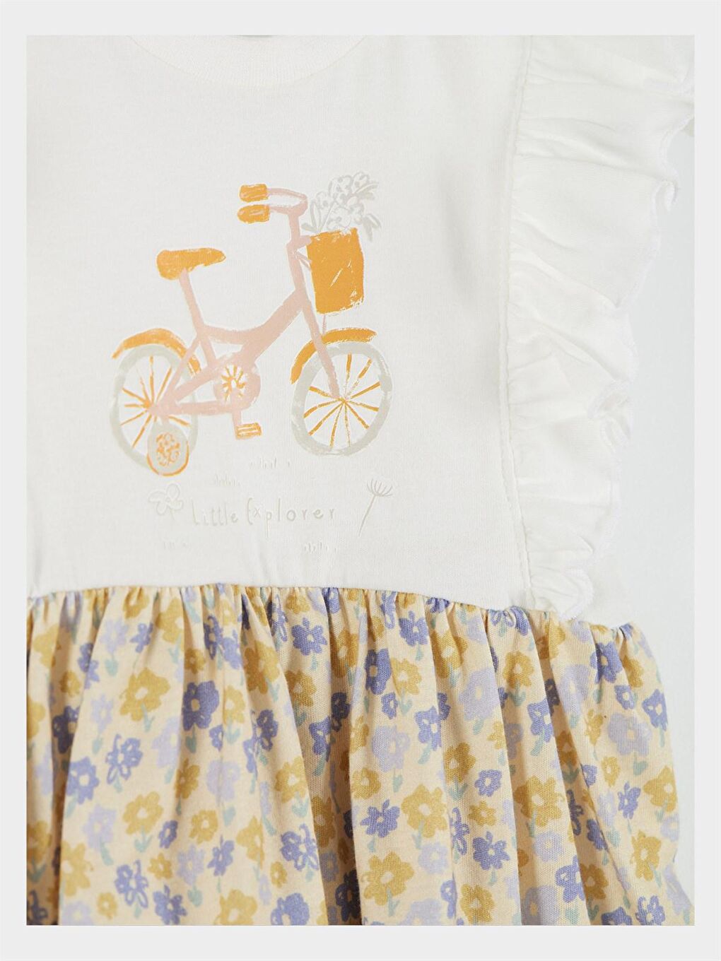 Ekru Kız Bebek Baskılı ve Çiçekli Kısa Kol Elbise-1