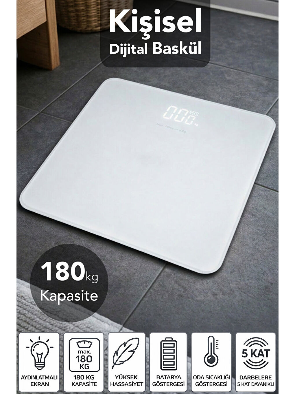 Beyaz LED Ekran Cam Dijital Baskül