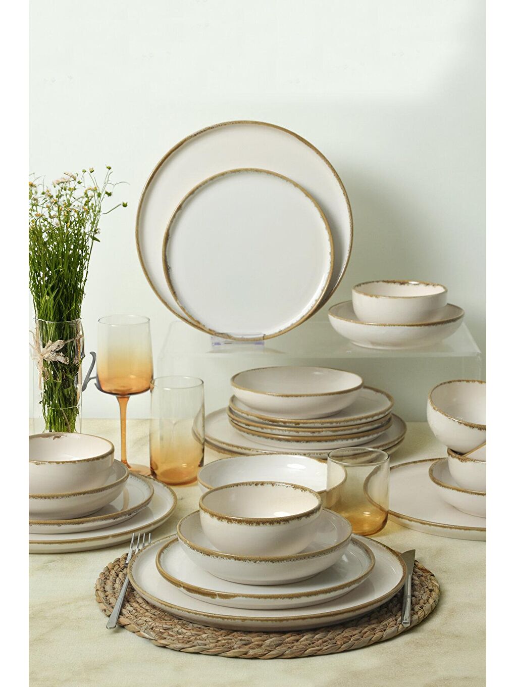 Ekru Straw Nordic Yemek Takımı 24 Parça 6 Kişilik-1