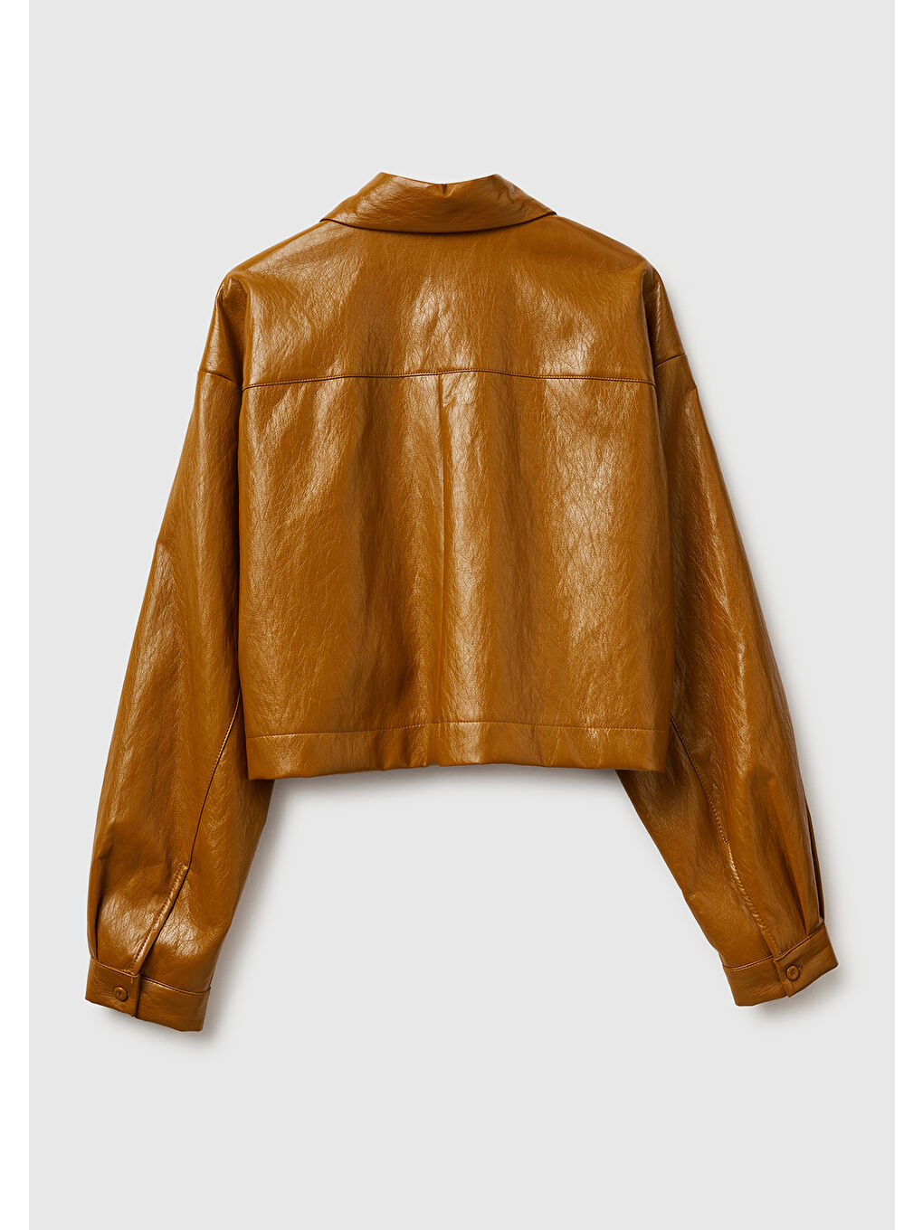 Kahverengi Kadın Açık Kahve Boxy Fit Suni Deri Ceket-3