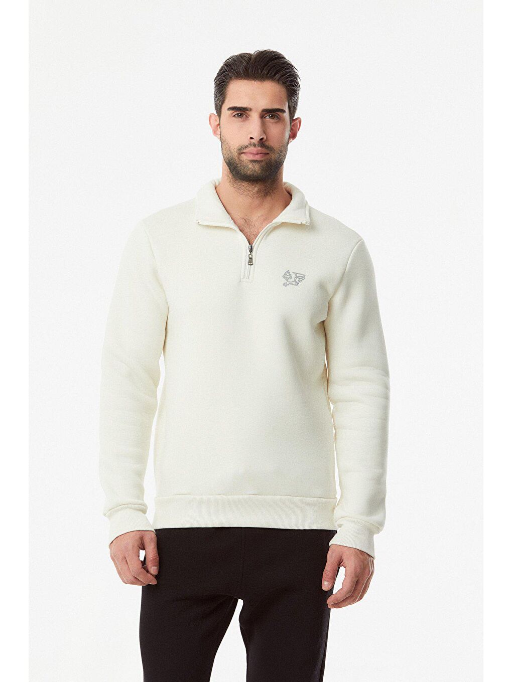 Ekru Baskılı Dik Yaka Erkek Fermuarlı Sweatshirt Hırka-3