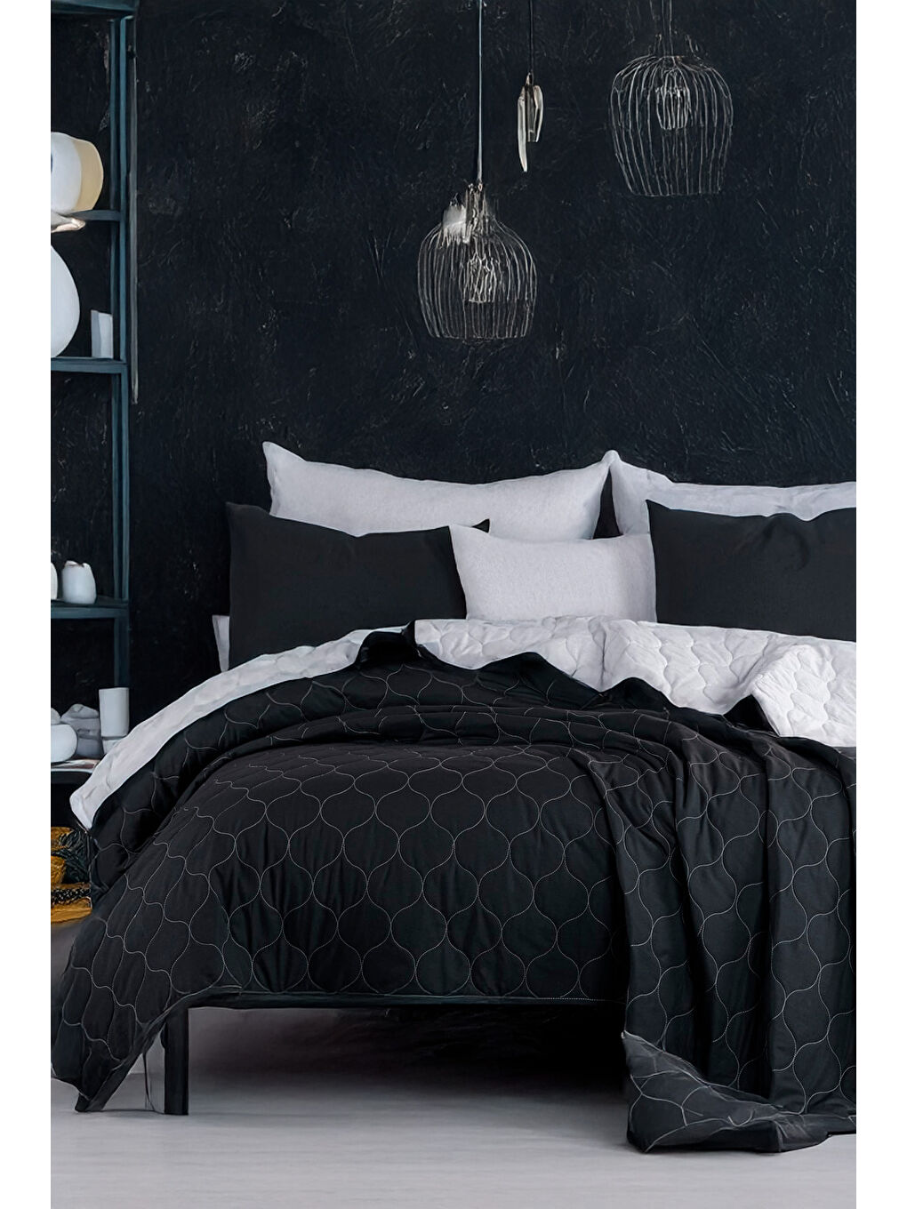 Kapitone Yatak Örtüsü Seti Çift Kişilik Solid Siyah-Gri