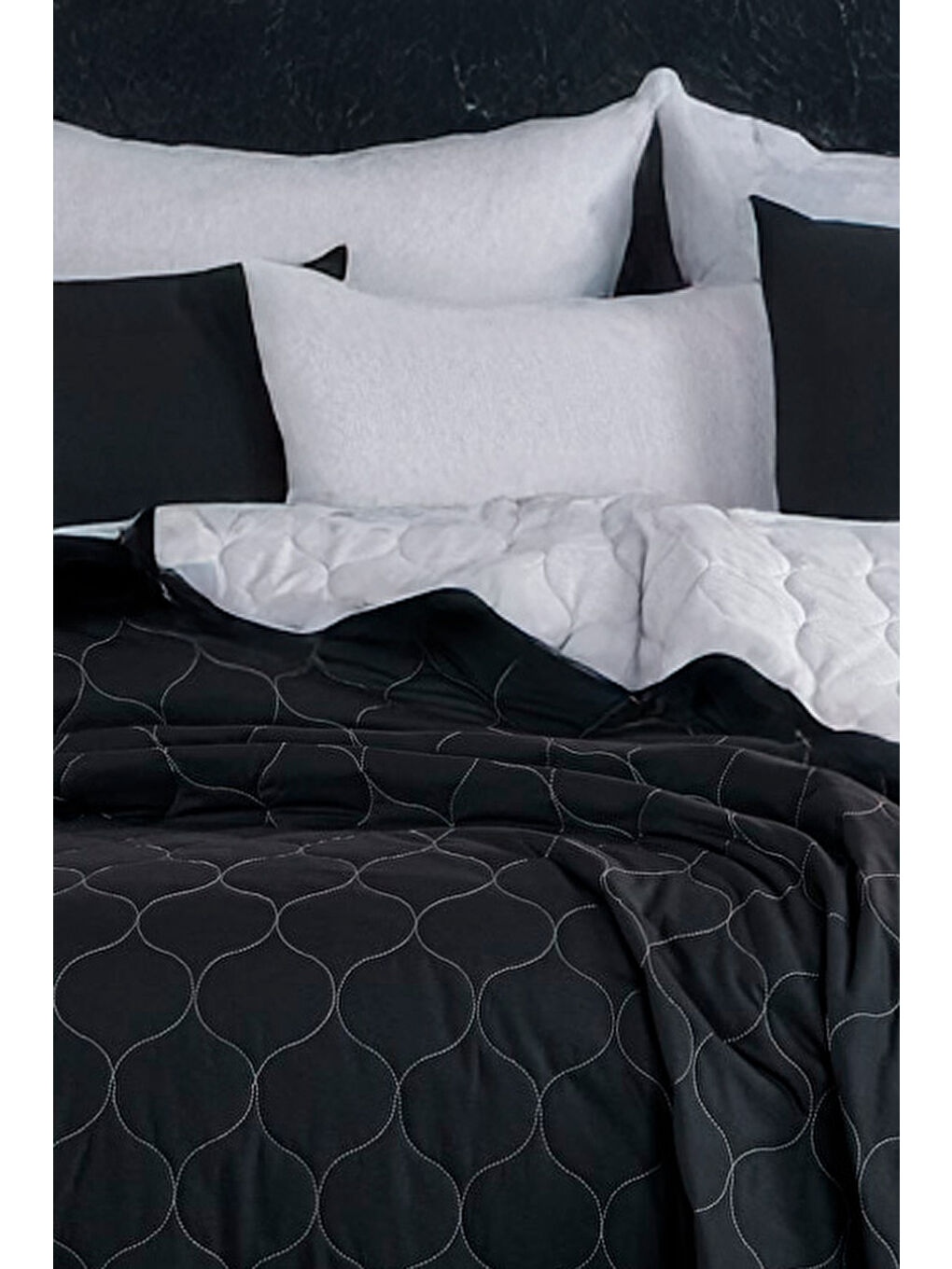 Kapitone Yatak Örtüsü Seti Çift Kişilik Solid Siyah-Gri-2