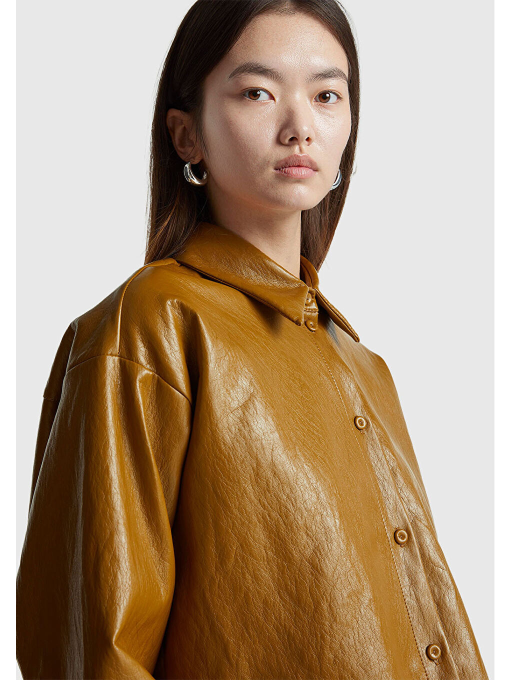 Kahverengi Kadın Açık Kahve Boxy Fit Suni Deri Ceket-5