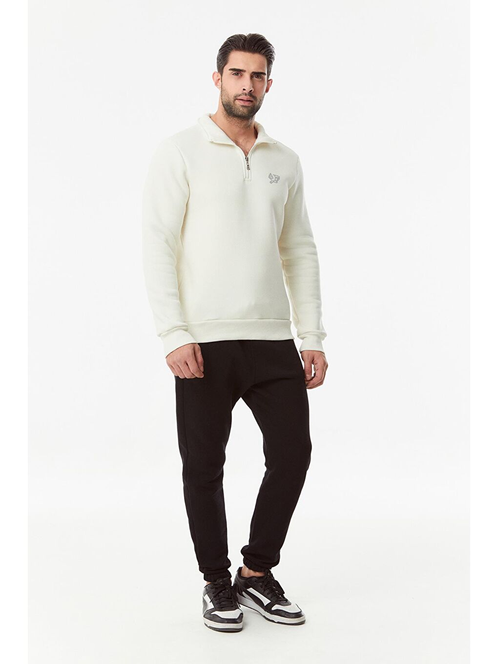 Ekru Baskılı Dik Yaka Erkek Fermuarlı Sweatshirt Hırka-4