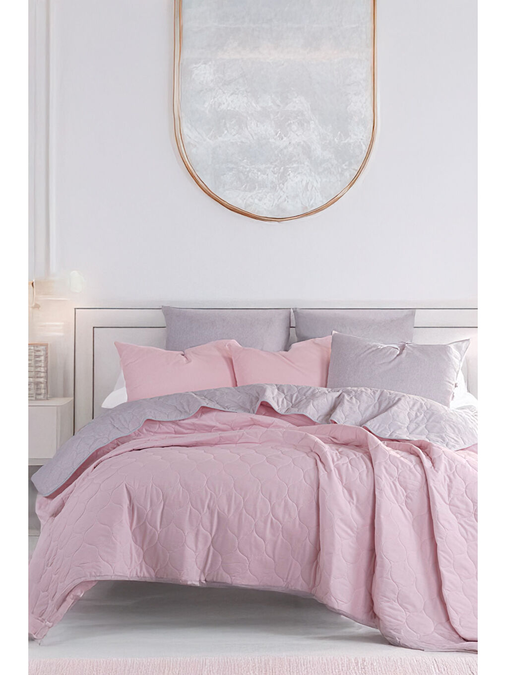 Pembe Kapitone Yatak Örtüsü Seti Çift Kişilik Solid Pudra-Gri