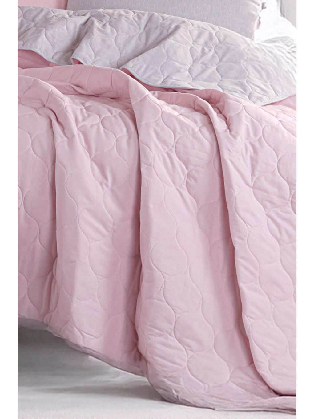 Pembe Kapitone Yatak Örtüsü Seti Çift Kişilik Solid Pudra-Gri-1
