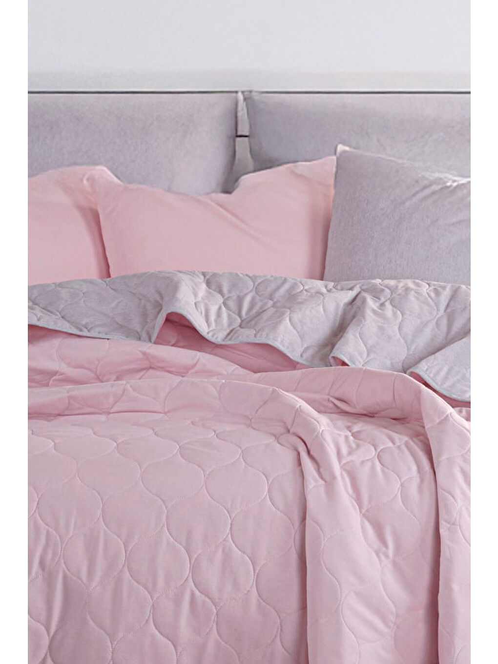 Pembe Kapitone Yatak Örtüsü Seti Çift Kişilik Solid Pudra-Gri-2